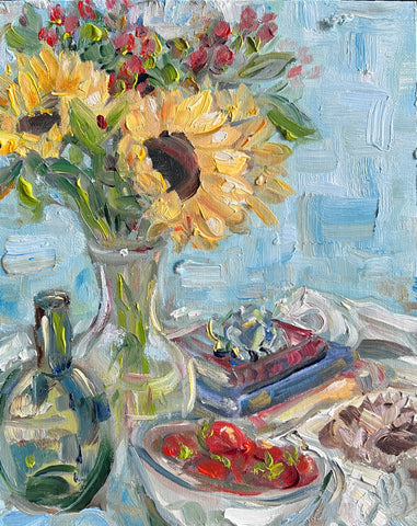 "Sunflower Still-life with Green Bottle" by Nancy Livengood